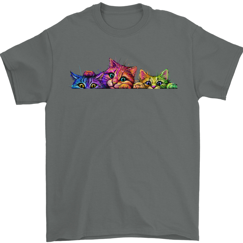 Three Colourful Cats Mens T-Shirt 100% Cotton Charcoal