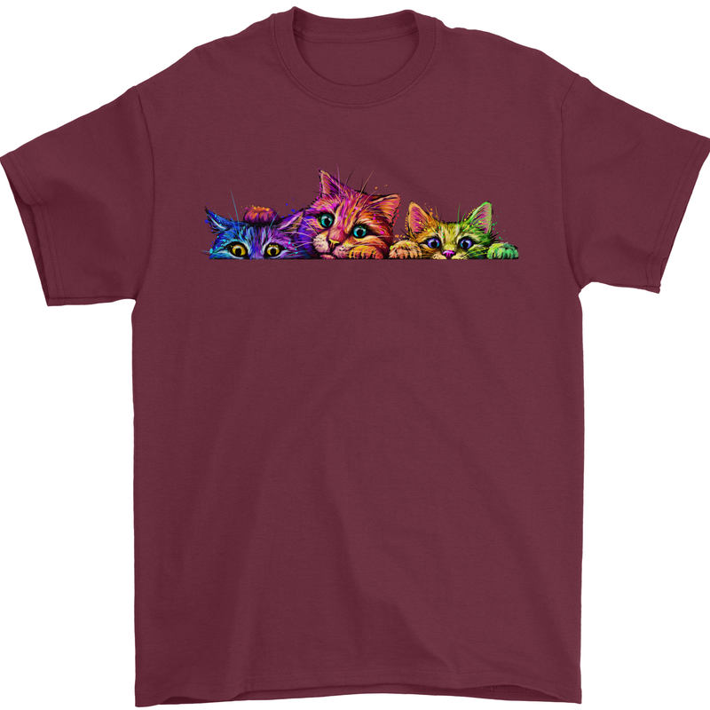 Three Colourful Cats Mens T-Shirt 100% Cotton Maroon