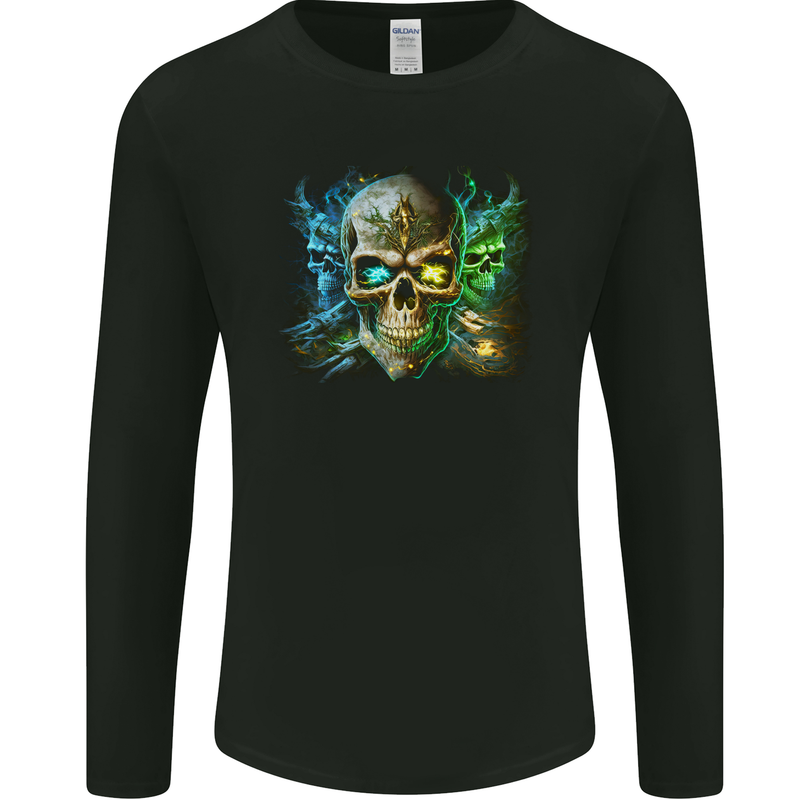 Three Demon Skulls Mens Long Sleeve T-Shirt Black