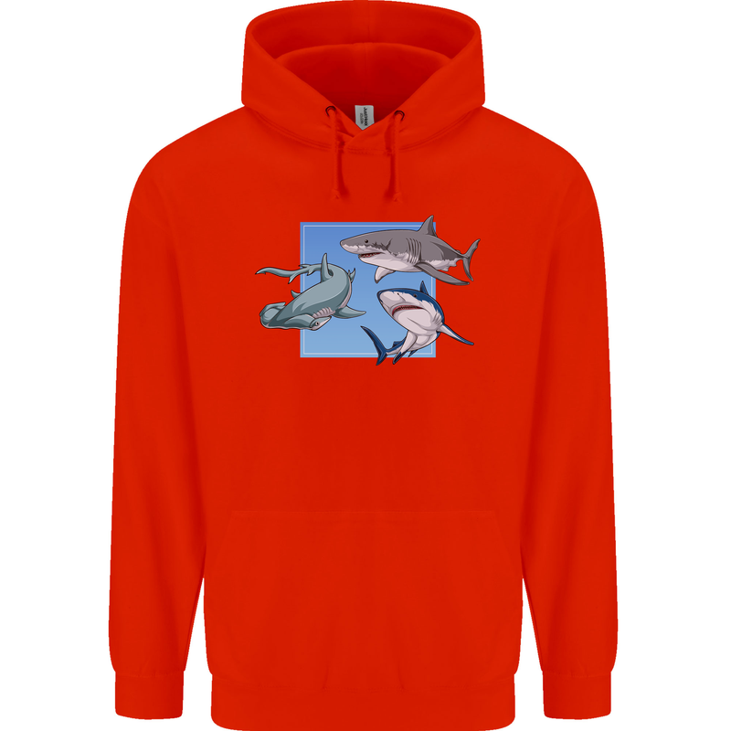 Three Sharks Mens 80% Cotton Hoodie Bright Red