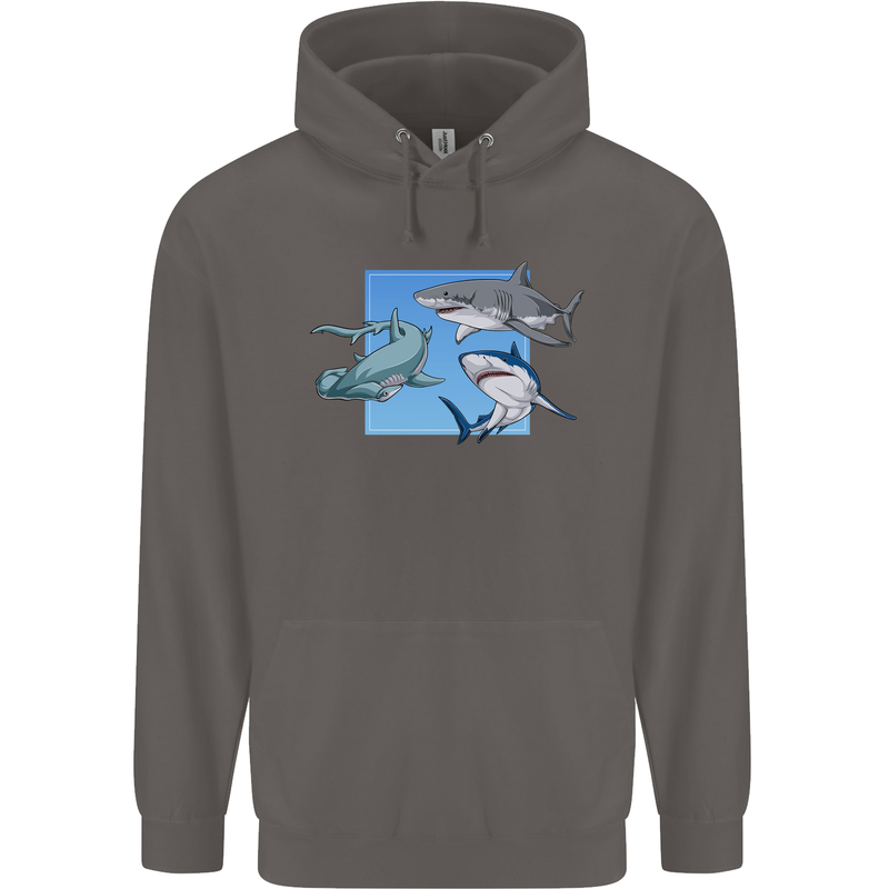 Three Sharks Mens 80% Cotton Hoodie Charcoal