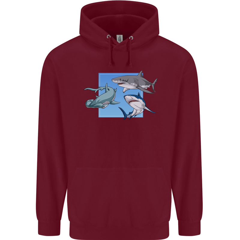 Three Sharks Mens 80% Cotton Hoodie Maroon