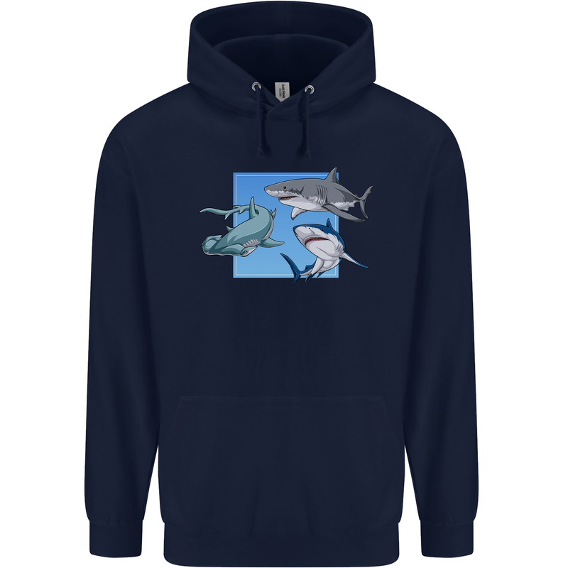 Three Sharks Mens 80% Cotton Hoodie Navy Blue
