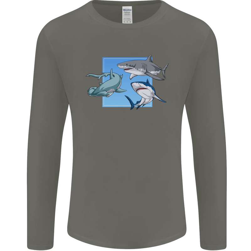 Three Sharks Mens Long Sleeve T-Shirt Charcoal