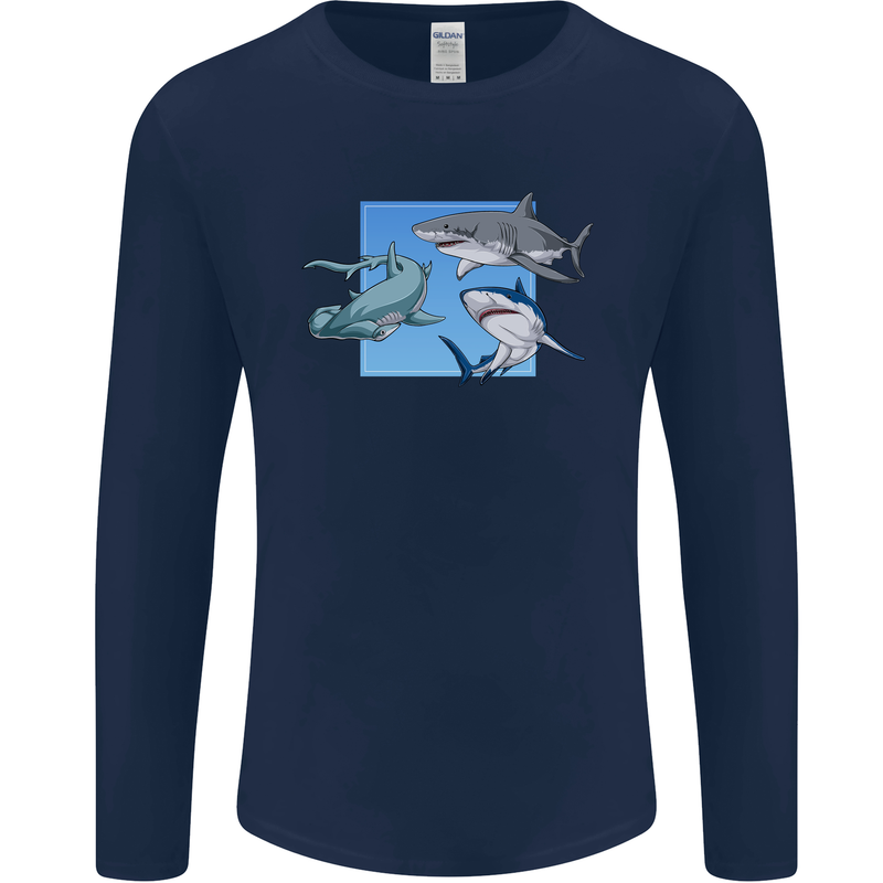 Three Sharks Mens Long Sleeve T-Shirt Navy Blue