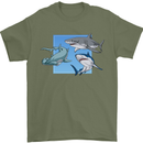 Three Sharks Mens T-Shirt 100% Cotton Military Green