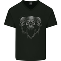 Three Skulls With Chains Heavy Metal Rock Music Mens V-Neck Cotton T-Shirt Black