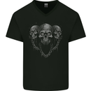 Three Skulls With Chains Heavy Metal Rock Music Mens V-Neck Cotton T-Shirt Black