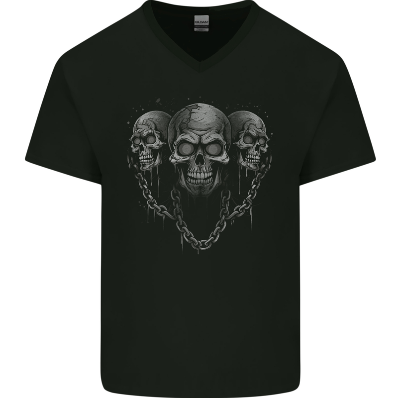 Three Skulls With Chains Heavy Metal Rock Music Mens V-Neck Cotton T-Shirt Black