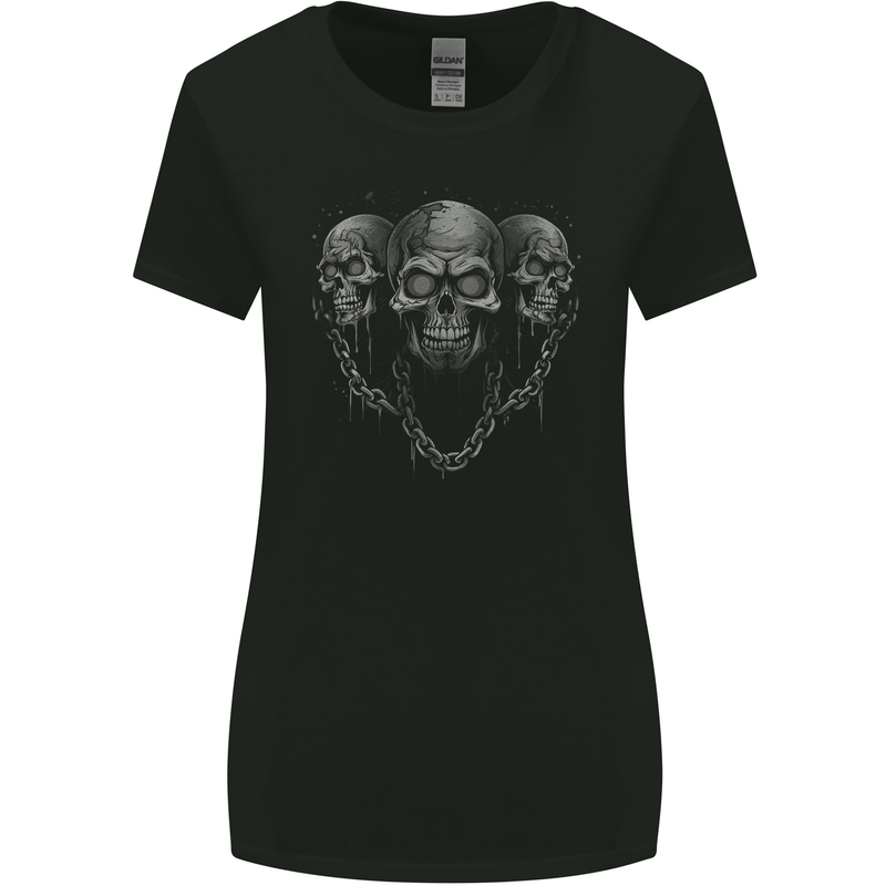 Three Skulls With Chains Heavy Metal Rock Music Womens Wider Cut T-Shirt Black