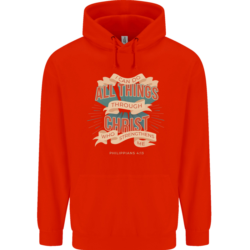 Through Christ  Christian Jesus God Cross Faith Mens 80% Cotton Hoodie Bright Red