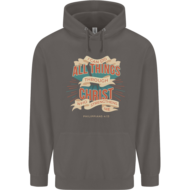 Through Christ  Christian Jesus God Cross Faith Mens 80% Cotton Hoodie Charcoal