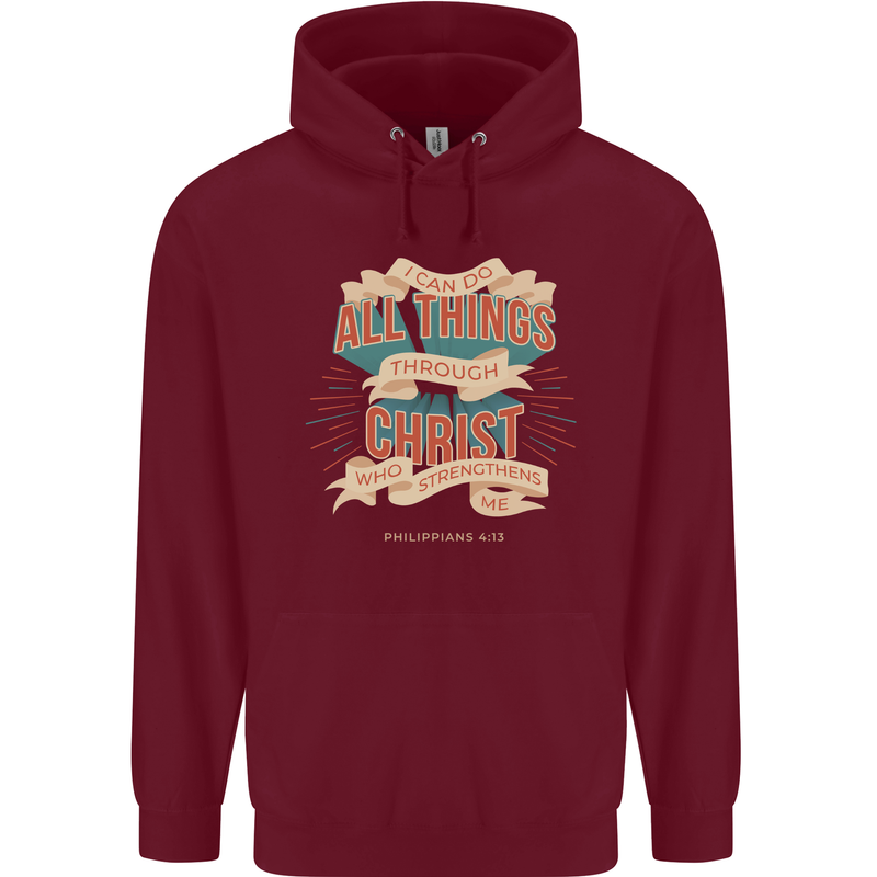 Through Christ  Christian Jesus God Cross Faith Mens 80% Cotton Hoodie Maroon