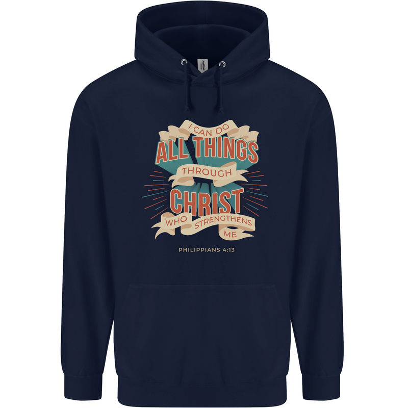 Through Christ  Christian Jesus God Cross Faith Mens 80% Cotton Hoodie Navy Blue