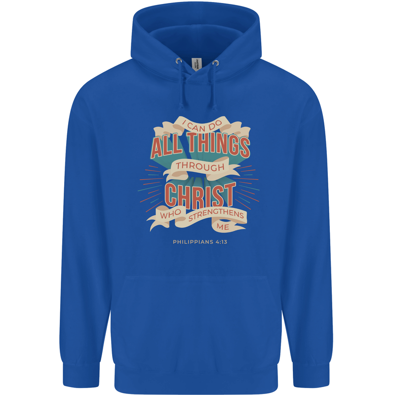 Through Christ  Christian Jesus God Cross Faith Mens 80% Cotton Hoodie Royal Blue