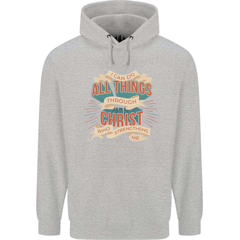 Through Christ  Christian Jesus God Cross Faith Mens 80% Cotton Hoodie Sports Grey