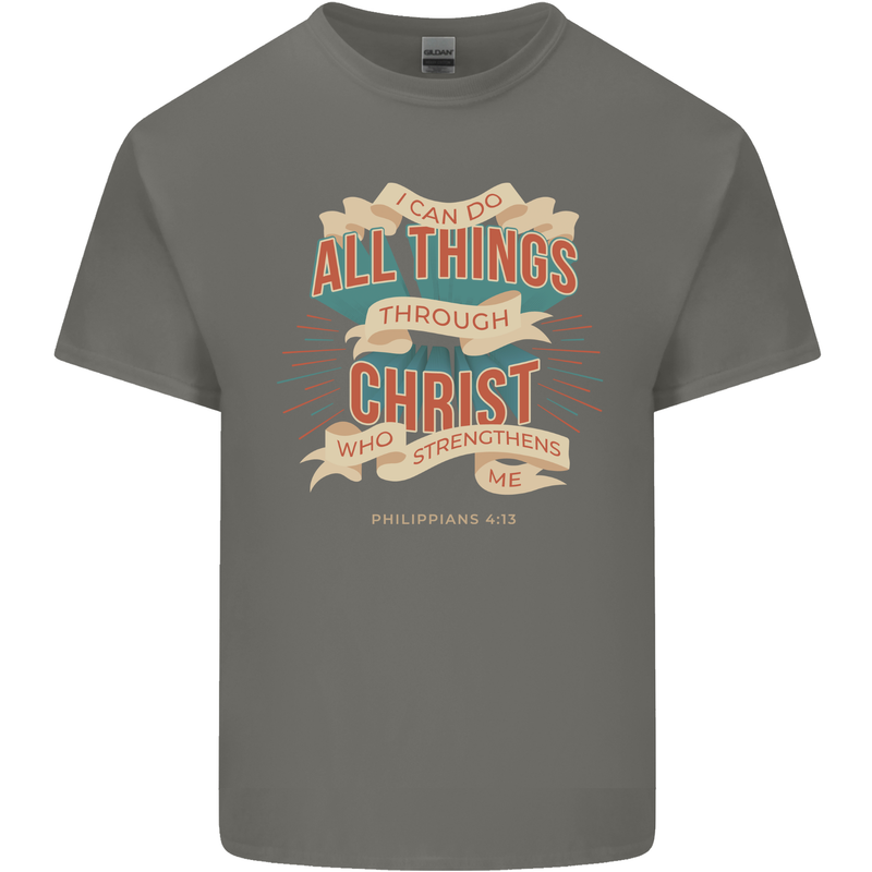 Through Christ  Christian Jesus God Cross Faith Mens Cotton T-Shirt Tee Top Charcoal