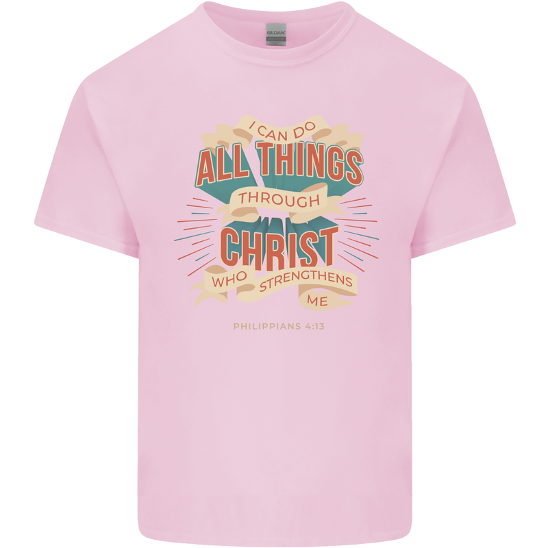 Through Christ  Christian Jesus God Cross Faith Mens Cotton T-Shirt Tee Top Light Pink