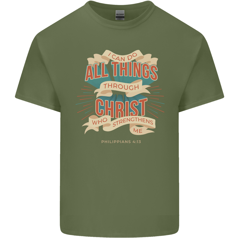 Through Christ  Christian Jesus God Cross Faith Mens Cotton T-Shirt Tee Top Military Green