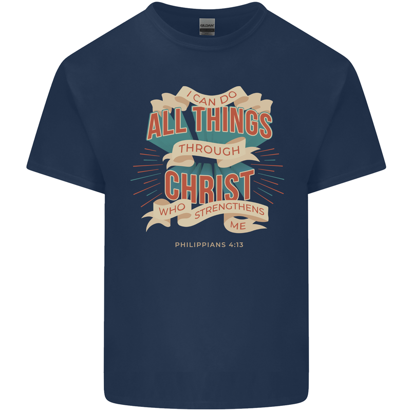 Through Christ  Christian Jesus God Cross Faith Mens Cotton T-Shirt Tee Top Navy Blue