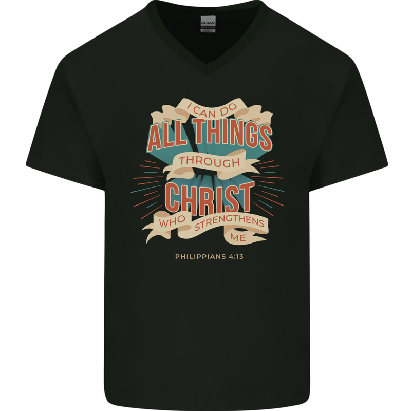 Through Christ  Christian Jesus God Cross Faith Mens V-Neck Cotton T-Shirt Black