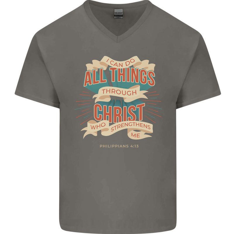 Through Christ  Christian Jesus God Cross Faith Mens V-Neck Cotton T-Shirt Charcoal
