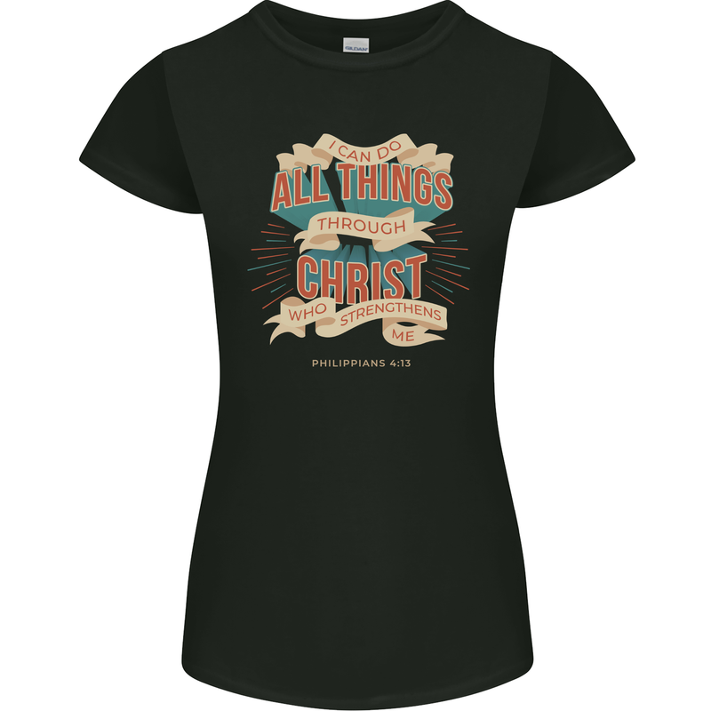 Through Christ  Christian Jesus God Cross Faith Womens Petite Cut T-Shirt Black