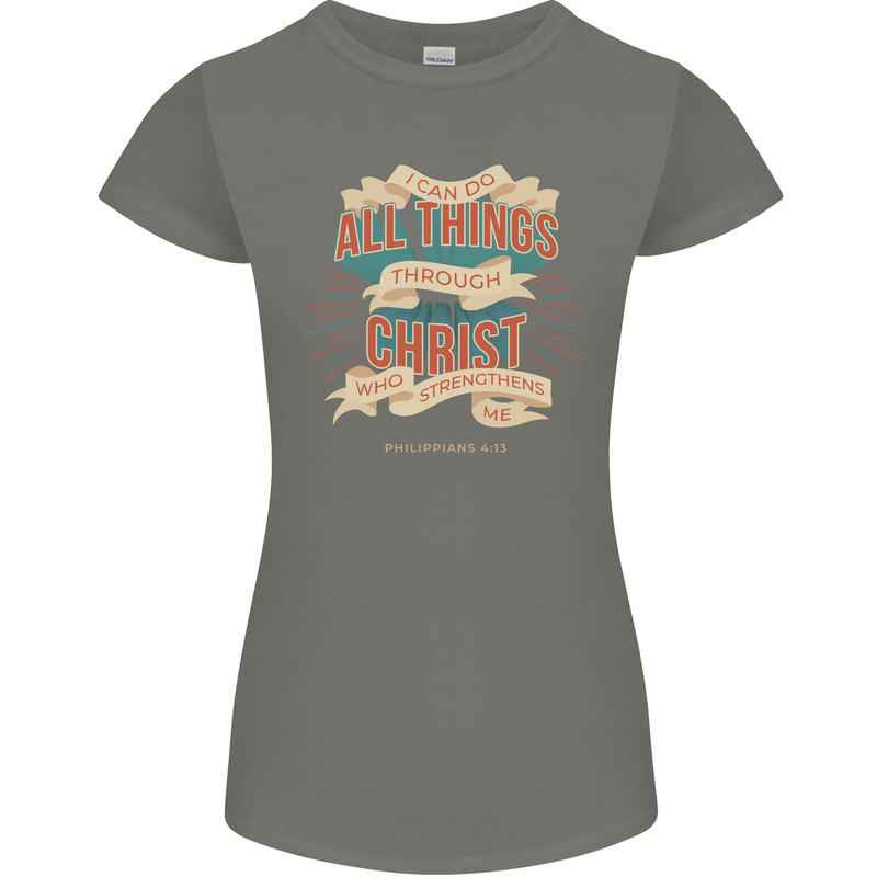 Through Christ  Christian Jesus God Cross Faith Womens Petite Cut T-Shirt Charcoal