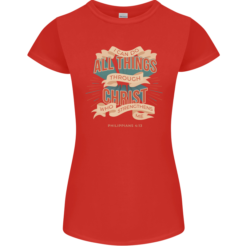 Through Christ  Christian Jesus God Cross Faith Womens Petite Cut T-Shirt Red