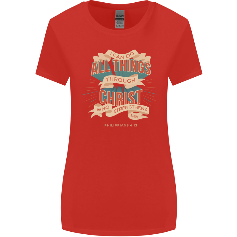 Through Christ  Christian Jesus God Cross Faith Womens Wider Cut T-Shirt Red