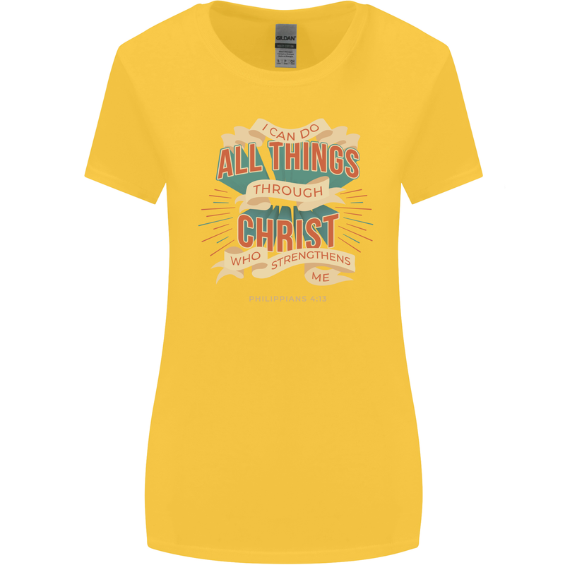 Through Christ  Christian Jesus God Cross Faith Womens Wider Cut T-Shirt Yellow