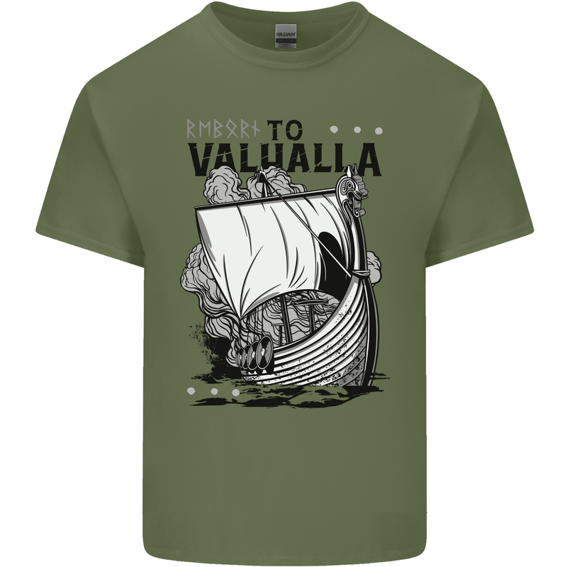 To Valhalla Viking Ship Mens Cotton T-Shirt Tee Top Military Green