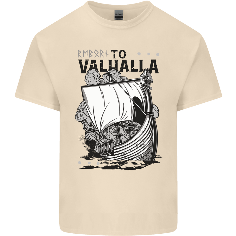 To Valhalla Viking Ship Mens Cotton T-Shirt Tee Top Natural