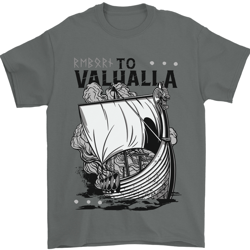To Valhalla Viking Ship Mens T-Shirt 100% Cotton Charcoal