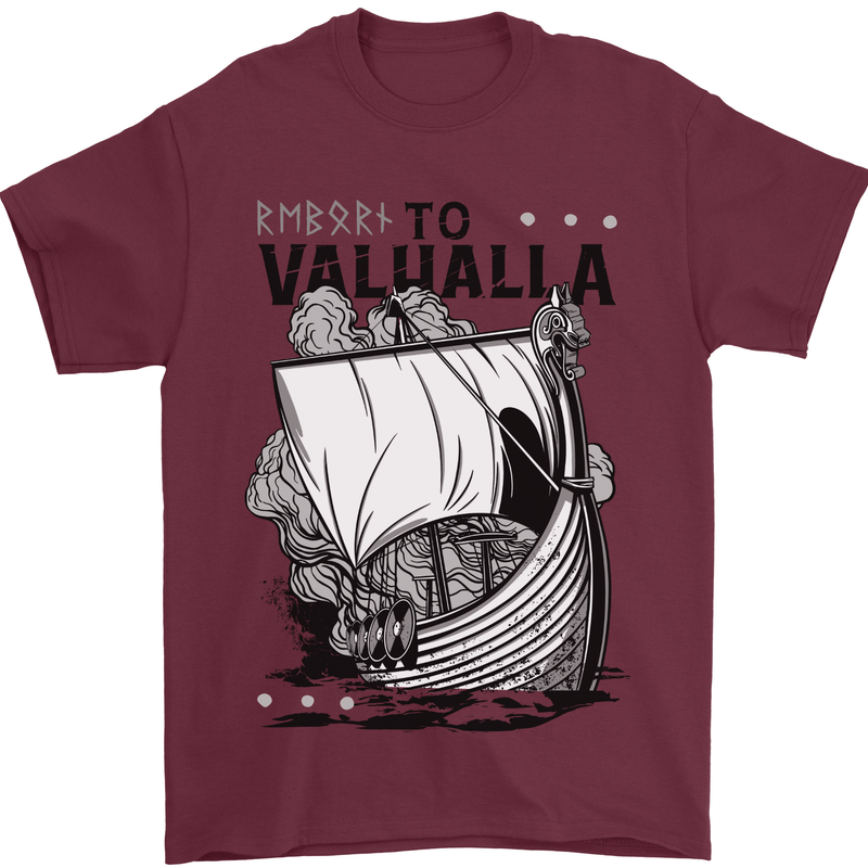 To Valhalla Viking Ship Mens T-Shirt 100% Cotton Maroon