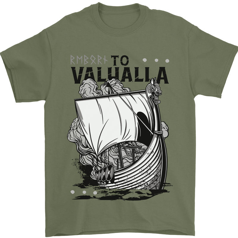 To Valhalla Viking Ship Mens T-Shirt 100% Cotton Military Green