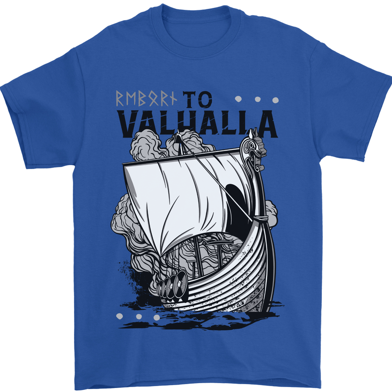 To Valhalla Viking Ship Mens T-Shirt 100% Cotton Royal Blue