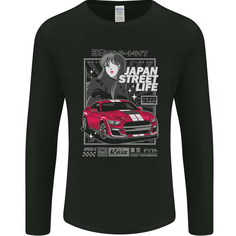 Tokyo Drifting Anime American Muscle Car Japan Mens Long Sleeve T-Shirt Black