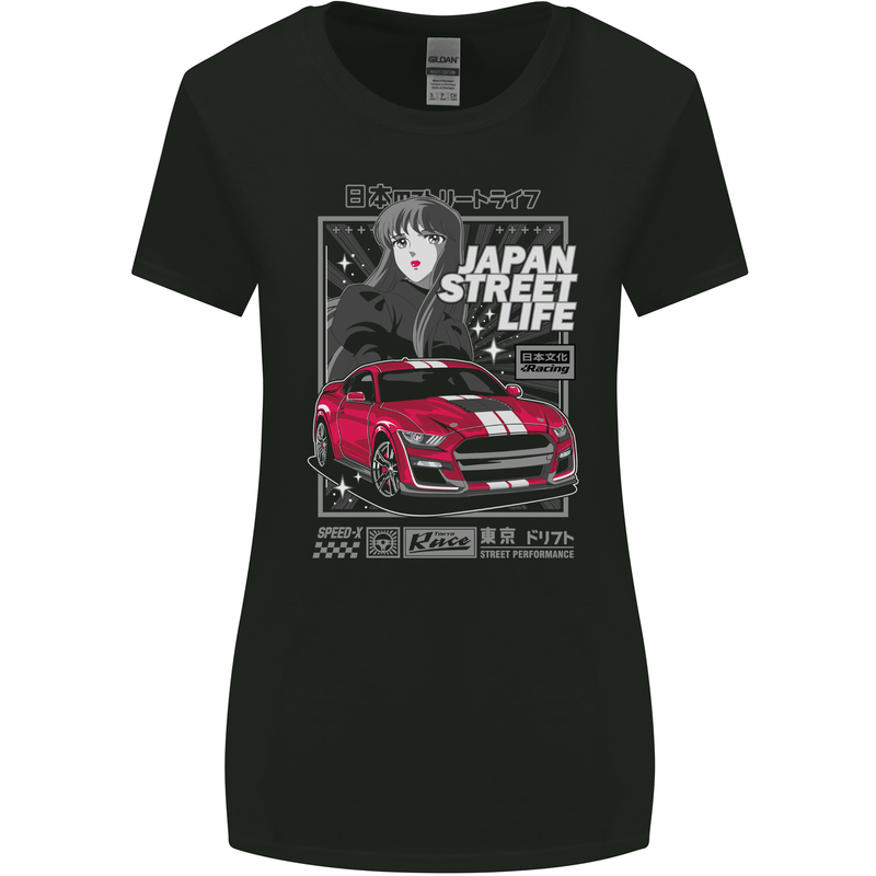 Tokyo Drifting Anime American Muscle Car Japan Womens Wider Cut T-Shirt Black