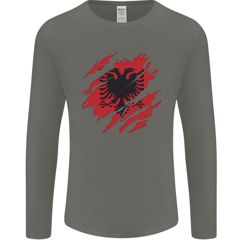 Torn Albania Flag Albanian Day Football Mens Long Sleeve T-Shirt Charcoal