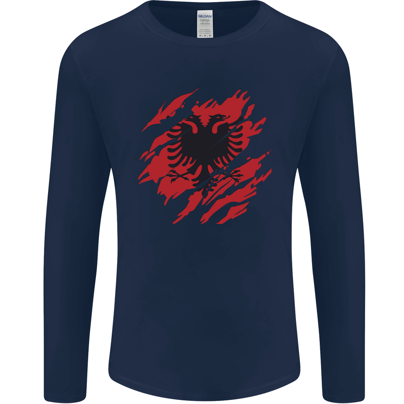Torn Albania Flag Albanian Day Football Mens Long Sleeve T-Shirt Navy Blue