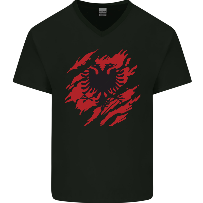 Torn Albania Flag Albanian Day Football Mens V-Neck Cotton T-Shirt Black