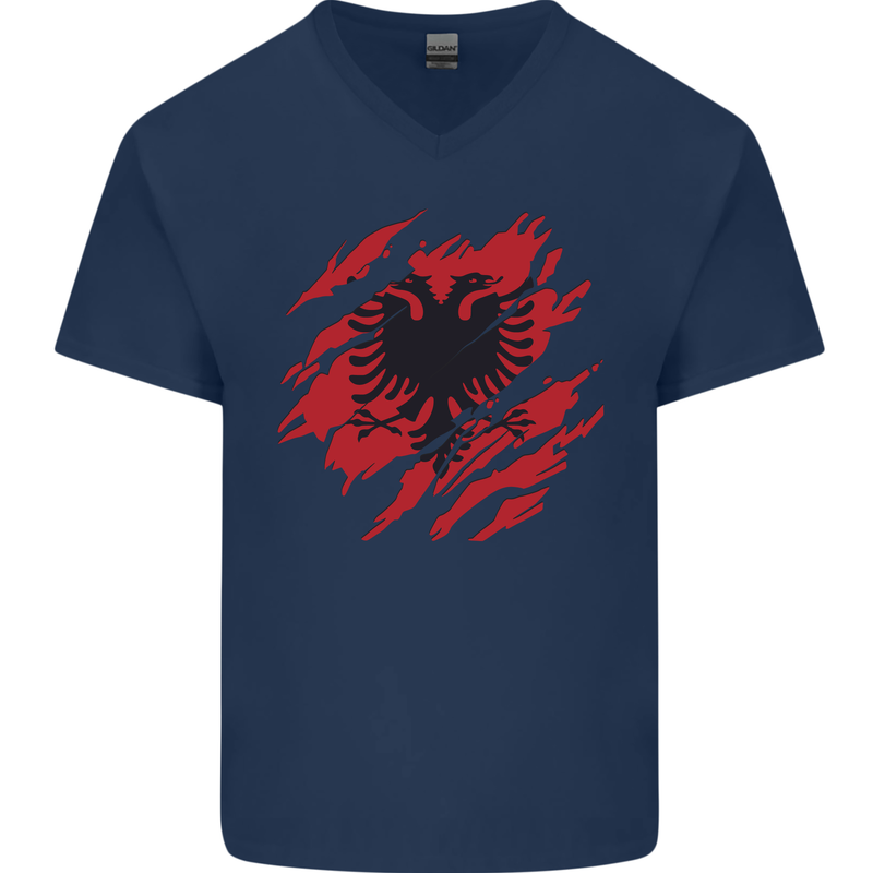 Torn Albania Flag Albanian Day Football Mens V-Neck Cotton T-Shirt Navy Blue