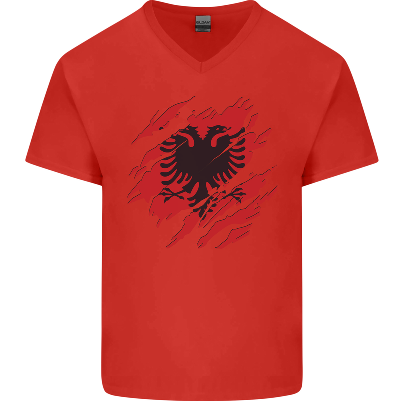 Torn Albania Flag Albanian Day Football Mens V-Neck Cotton T-Shirt Red