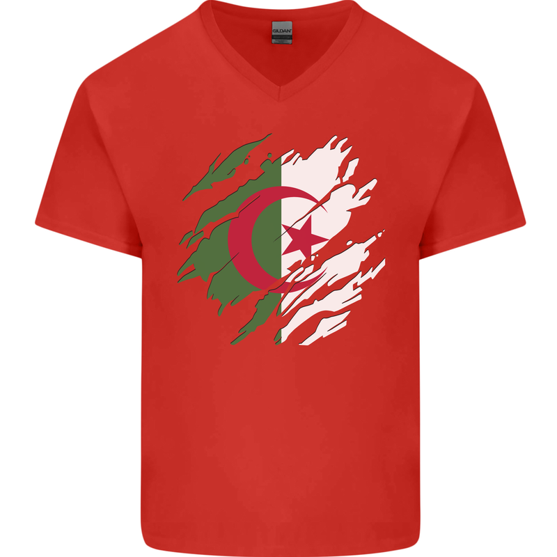 Torn Algeria Flag Algerian Day Football Mens V-Neck Cotton T-Shirt Red