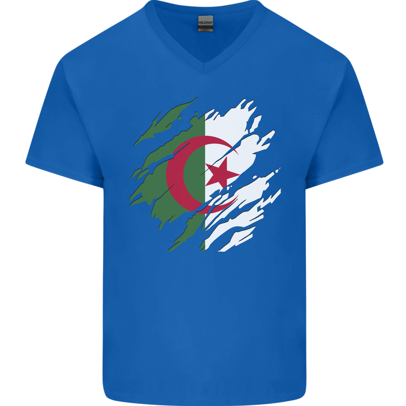 Torn Algeria Flag Algerian Day Football Mens V-Neck Cotton T-Shirt Royal Blue