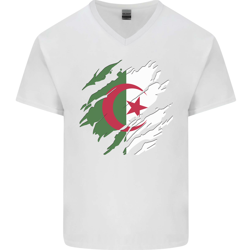 Torn Algeria Flag Algerian Day Football Mens V-Neck Cotton T-Shirt White