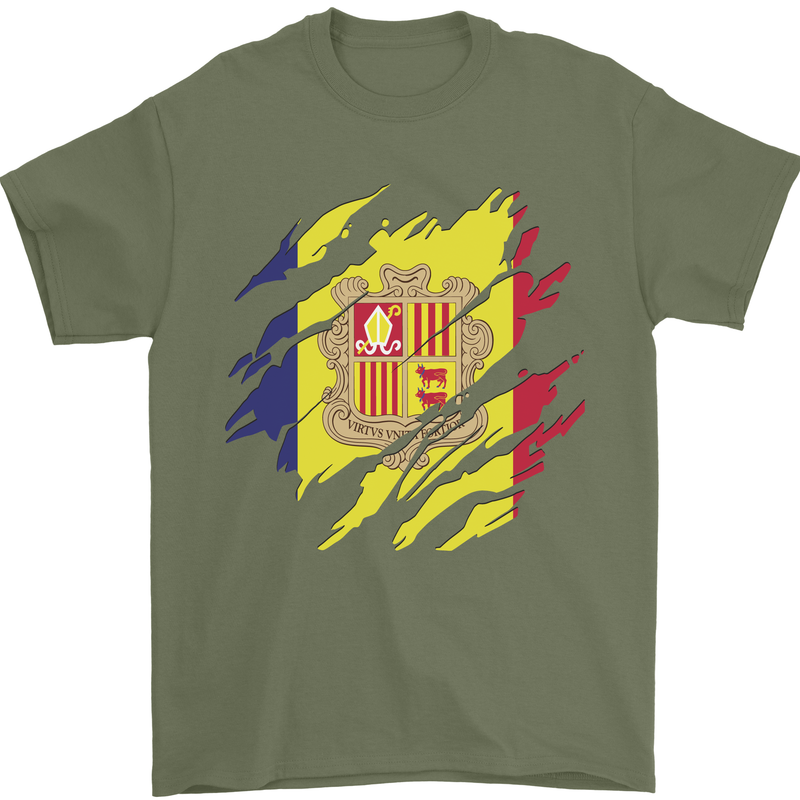 Torn Andorra Flag Andorran Day Football Mens T-Shirt 100% Cotton Military Green