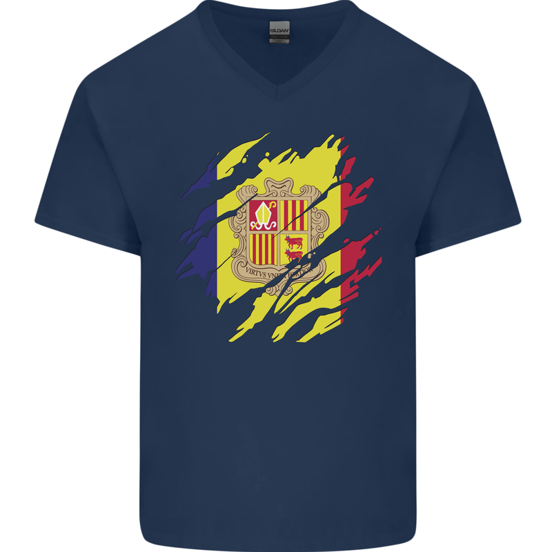 Torn Andorra Flag Andorran Day Football Mens V-Neck Cotton T-Shirt Navy Blue