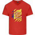 Torn Andorra Flag Andorran Day Football Mens V-Neck Cotton T-Shirt Red
